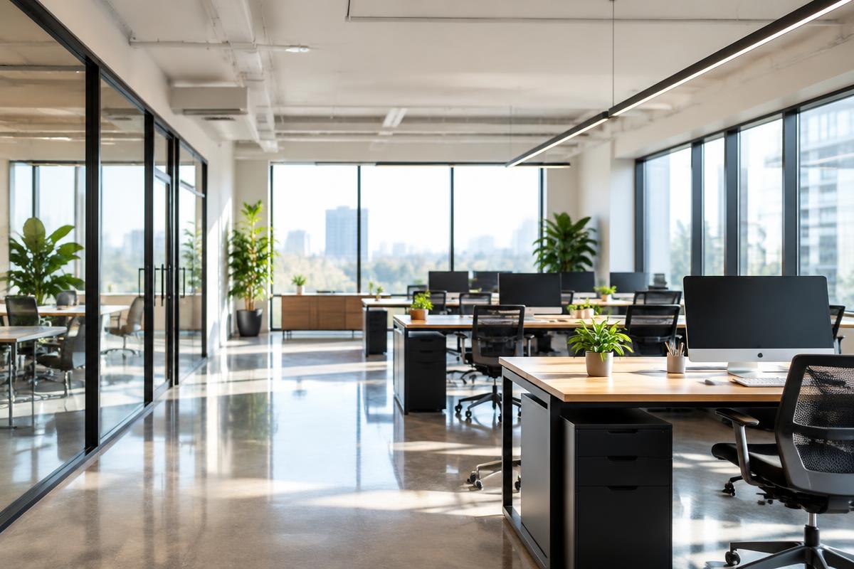 Clean modern open-plan office with polished floors
