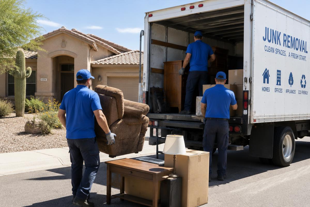 Junk removal crew loading old furniture into a truck outside a Phoenix home